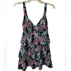 Women's Navy Blue & Floral Tiered Swim Dress